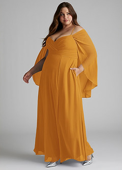 Azazie Cienna Bridesmaid Dresses Butterscotch A-Line Off the Shoulder Chiffon Dress image10