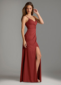 Azazie Maci Bridesmaid Dresses Rust Sheath Pleated Mesh Dress image4