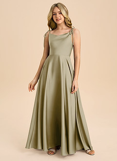 Azazie Popsy Junior Moss Green A-Line Bow Stretch Satin Dress image3