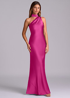 Azazie Seona Robes de demoiselle d'honneur Robe Sirène en Satin extensible Une épaule Fuchsia image3