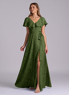 Azazie Lainey 신부 들러리 드레스 A라인 포켓이 있는 플로럴 번아웃 바닥 길이 드레스 image5