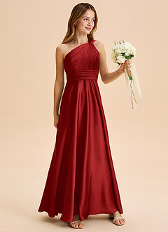 Azazie Charlize Junior Pomegranate A-Line Pleated Stretch Satin Dress image3