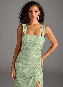 Azazie Jesaphine Vestidos de damas de honor Vestido de Floral Helecho Verde de Gasa de Corte Recto con Lazo image6