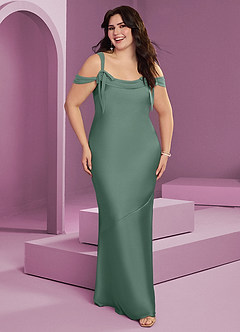 Barbie ♥ Azazie Final Sale Eucalyptus Sheath Pleated Stretch Satin Dress image9