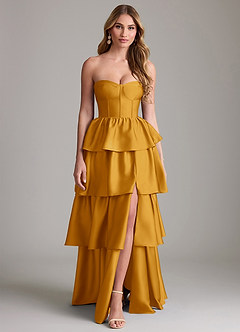 Azazie Faye Bridesmaid Dresses Butterscotch A-Line Ruched Stretch Satin Dress image1