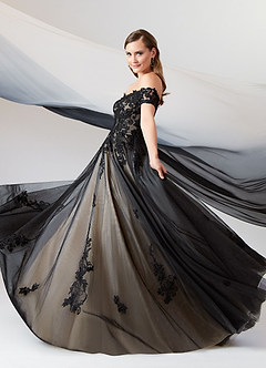 Azazie Rowe Wedding Dresses Black Champagne Ball-Gown Off the Shoulder Tulle Dress image9