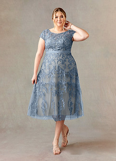 Azazie Sanna Mother of the Bride Dresses Dusty Blue Champagne A-Line Scoop Lace Tulle Dress image7