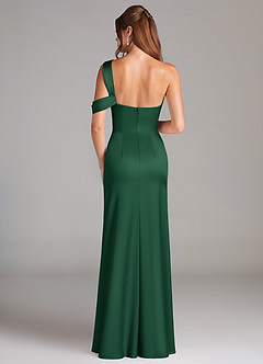 Azazie Wynter Robes de demoiselle d'honneur Robe Fourreau en Satin extensible Épaule décolletée Vert Foncé image2