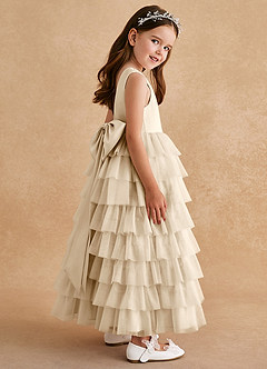 Azazie Twinkle Toes Flower Girl Dresses Champagne A-Line Bow Tulle Dress image5