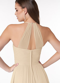 Azazie Ginger Vestidos de damas de honor Vestido de Champán de Gasa de Corte en A con Halter Plisado image3
