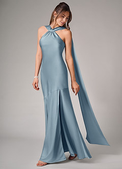 Azazie Kinsley Bridesmaid Dresses Dusty Blue Mermaid Side Slit Stretch Satin Dress image4
