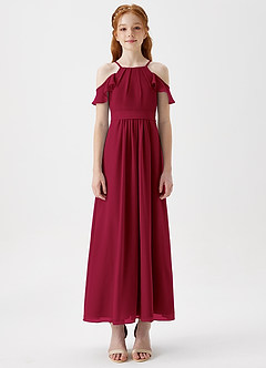 Azazie Chaya Junior Burgundy A-Line Off the Shoulder Chiffon Dress image3