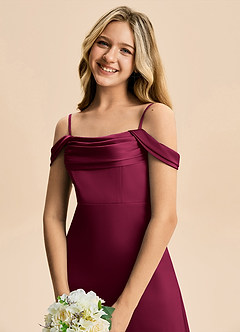 Azazie Lettie Junior Burgundy A-Line Off the Shoulder Stretch Satin Dress image5