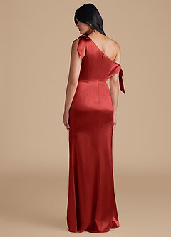 Azazie Xyla Bridesmaid Dresses Rust Sheath Off the Shoulder Metallic Satin Convertible Dress image5