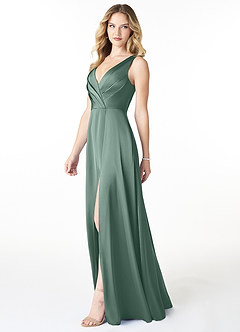 Azazie Nelly Bridesmaid Dresses Eucalyptus A-Line V-Neck Pleated Stretch Satin Dress image3