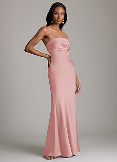 Azazie Saylor Vestidos de damas de honor Vestido de Rosa Empolvado de Satén Elástico de Corte Sirena con Sin tirantes image4
