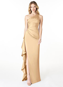 Azazie Latrice Bridesmaid Dresses Champagne Sheath One Shoulder Cascading Ruffles Stretch Satin Dress image1