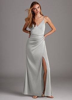 Azazie Shania Brautjungfernkleider Etui V-Hals Gefaltet Stretch-Satin Kleid Silber image3