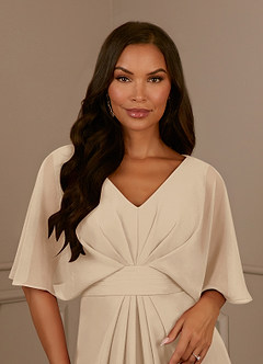 Azazie Oksana Mother of the Bride Dresses Champagne A-Line V-Neck Pleated Chiffon Dress image4