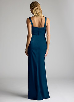 Azazie Elida Bridesmaid Dresses Dark Navy Sheath Pleated Stretch Satin Dress image4