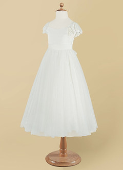 Azazie Little Flower Girl Dresses Diamond White A-Line Lace Tulle Dress image9