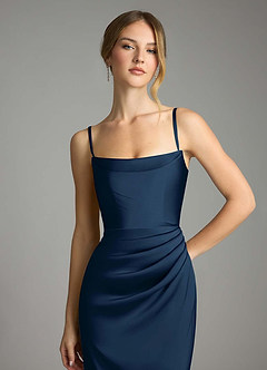 Azazie Leonis Bridesmaid Dresses Dark Navy Mermaid Pleated Stretch Satin Convertible Dress image3