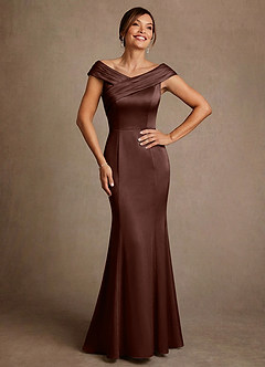 Azazie Aberdeen Mother of the Bride Dresses Espresso Sheath Pleated Stretch Satin Dress image1