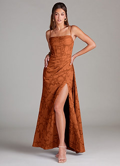 Azazie Denisa Bridesmaid Dresses Burnt Orange Sheath Pleated Floral Burnout Dress image3