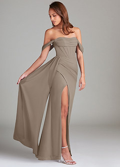 Azazie Amyra Bridesmaid Dresses Taupe Sheath Off the Shoulder Chiffon Convertible Dress image3