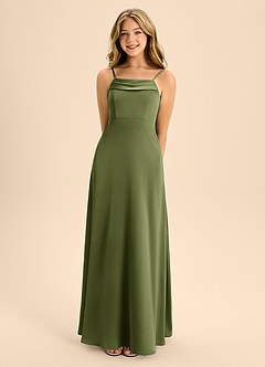 Azazie Anselie Junior Olive A-Line Off the Shoulder Stretch Satin Dress image4
