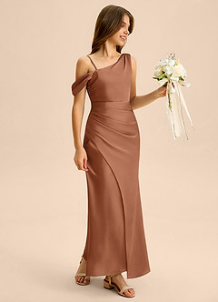 Azazie Madelyn Junior Osłona Zza ramienia Satyna elastyczna Długość podłogi Młodsza druhna Sukienka image6