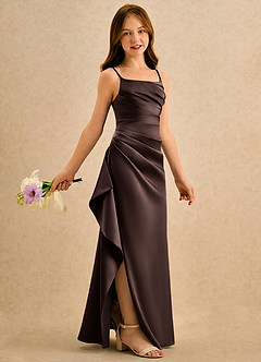 Azazie Cannoli Girls Formal 플라워 걸 드레스 A라인 플리츠 매트 새틴 플로어 길이 드레스 image1