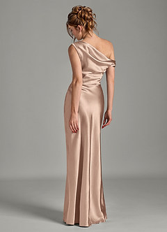 Azazie Emerson Bridesmaid Dresses Taupe Mermaid Off the Shoulder Metallic Satin Dress image2