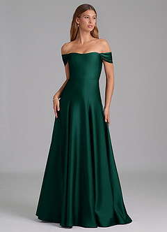 Azazie Seriana Bridesmaid Dresses Emerald A-Line Off the Shoulder Stretch Satin Convertible Dress image1