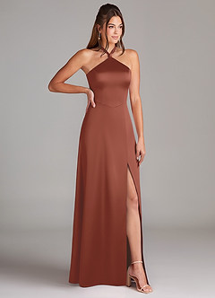 Azazie Elliana Bridesmaid Dresses Auburn A-Line Side Slit Stretch Satin Dress image3