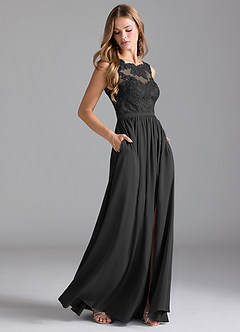 Azazie Elly Vestidos de damas de honor Vestido de Negro de Satén Elástico de Corte en A con Encaje image1