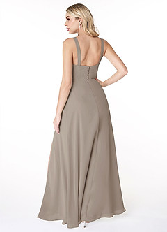 Azazie Jay Bridesmaid Dresses Taupe A-Line Square Neckline Side Slit Chiffon Dress image2