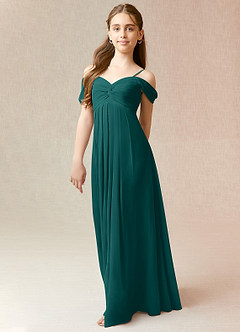 Azazie Kaitlynn Junior Abito A-Line in Chiffon a Spalla Scoperta Verde Pavone image4