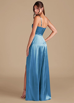 Azazie Halsey Bridesmaid Dresses Steel Blue A-Line Side Slit Metallic Satin Dress image6