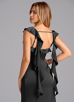 Azazie Adi Bridesmaid Dresses Black A-Line Pleated Stretch Satin Dress image2