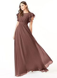 Azazie Daphne Robes de demoiselle d'honneur modestes Robe Trapèze Volant Longueur ras du sol Mousseline de soie image3