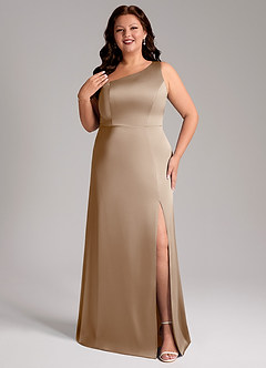 Azazie Phaedra Bridesmaid Dresses Taupe A-Line One Shoulder Stretch Satin Dress image1