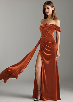 Azazie Amyra Bridesmaid Dresses Burnt Orange Sheath Off the Shoulder Velvet Convertible Dress image8