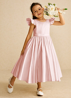 Azazie Violeta Flower Girl Dresses Blushing Pink Ball-Gown Bow Matte Satin Dress image1