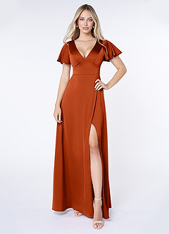Azazie Lani Bridesmaid Dresses Paprika A-Line Flounce Sleeve Stretch Satin Dress image1