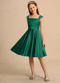 Azazie Budle Girls Formal Flower Girl Dresses Emerald A-Line Pleated Matte Satin Dress image3