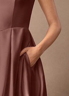 Azazie Fulton Mother of the Bride Dresses Espresso A-Line Pleated Stretch Satin Dress image7