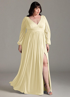 Azazie Norah Robes de demoiselle d'honneur Robe Trapèze en Mousseline de soie Col en V, manches longues Sorbet Citron image9