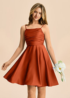 Azazie Miko Junior Paprika A-Line Pleated Stretch Satin Dress image1