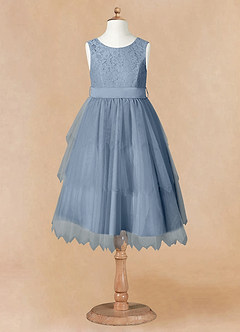Azazie Chica Flower Girl Dresses Dusty Blue A-Line Lace Tulle Dress image11